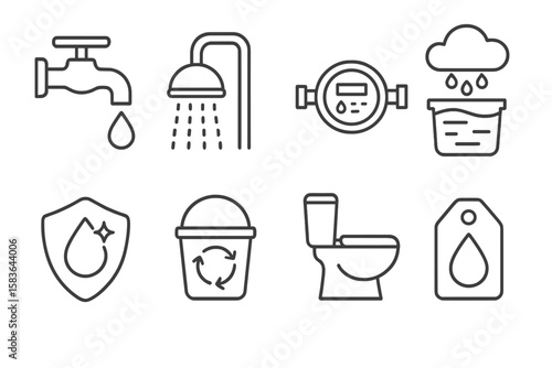 Eco-Friendly Home Icons. Line style icons of eco home habits: water-saving faucet, low-flow shower head, smart water meter,