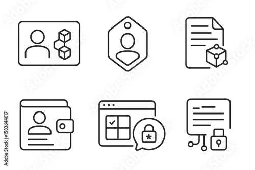 Digital Identity Icons. Line style icons of digital identity: blockchain ID icon, decentralized identity badge, smart contract tag