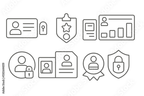 Digital Identity Icons. Line style icons of digital identity: access control icon, permission level badge, role-based tag,