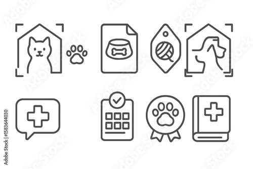 Home AR Pet Icons. Line style icons of AR and VR at home: pet care AR overlay, feeding reminder file, playtime tracker tag,