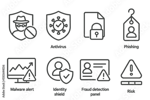 Digital Security Icons. Line style icons of digital identity: identity theft protection icon, antivirus badge, digital lock file,