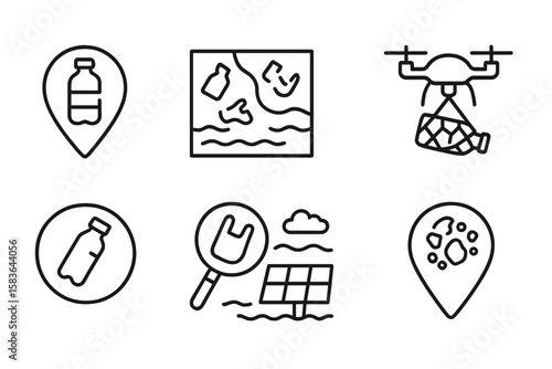 Marine Pollution Icons. Line style icons of climate technologies: plastic pollution tracker, ocean waste map, cleanup drone icon,