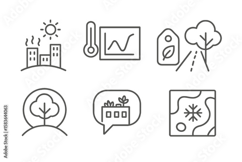 Climate Technology Icons. Line style icons of climate technologies: urban heat island icon, temperature differential chart, green