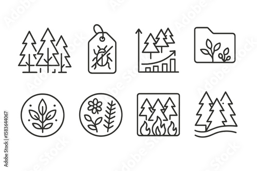 Ecosystem Regeneration Icons. Line style icons of ecosystem regeneration: forest thinning icon, invasive species removal tag,