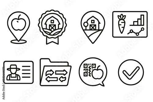 Ethical Consumption Icons. Line style icons of ethical consumption: food origin tracking icon, farm-to-table badge, local farm map