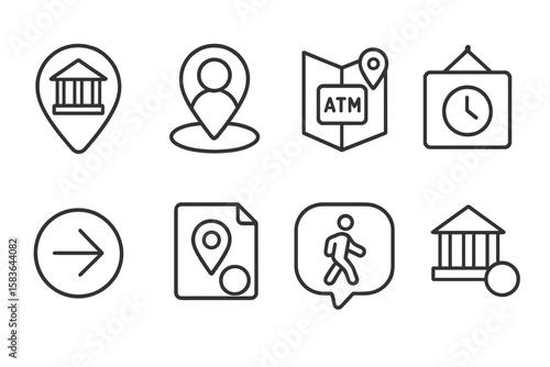 Mobile Banking Icons. Line style icons of mobile banking solutions: bank locator icon, nearest branch tag, ATM map chart, hours