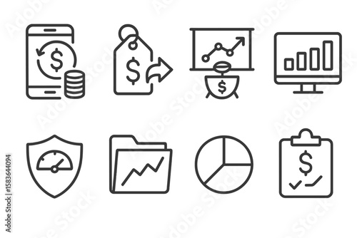 Mobile Banking Icons. Line style icons of mobile banking solutions: recurring investment icon, auto-stock tag, mutual fund chart,