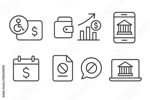 Digital Inclusion Icons. Line style icons of digital inclusion: accessible financial services icon, mobile wallet tag, microcredit