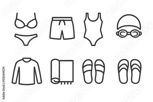 Swimwear Line Icons. Line style icons of swimwear: bikini, swim trunks, one-piece, swim cap. goggles, rash guard, beach towel,