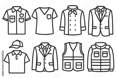 Uniform Line Style Icons. Line style icons of uniform styles: police uniform, medical scrubs, chef uniform, business suit.