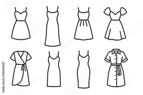 Line Style Dress Icons. Line style icons of dresses: cocktail dress, maxi dress, sundress, party dress. wrap dress, slip dress,