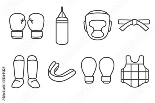 Martial Arts Gear Icons. Line style icons of martial arts gear: boxing gloves, punching bag, head guard, karate belt. shin pads,