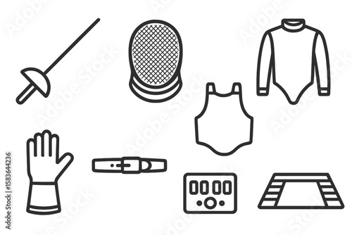 Fencing Gear Icons. Line style icons of fencing gear: fencing sword, protective mask, chest guard, fencing suit. glove, belt,
