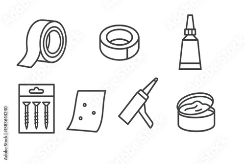 Repair Icons Collection. Line style icons of repair consumables: duct tape, electrical tape, super glue, screws pack. sandpaper,
