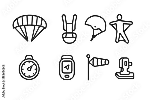 Paragliding Essentials Icons. Line style icons of paragliding and extreme: parachute, harness, helmet, wingsuit. altimeter, GPS