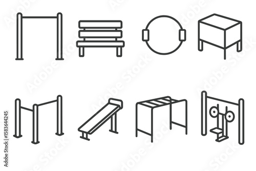 Outdoor Fitness Icons. Line style icons of outdoor fitness: pull-up bar, park bench, resistance ring, jump box. parallel bars,