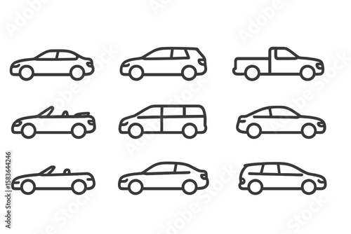 Line Style Car Icons. Line style icons of car types: sedan, hatchback, SUV, pickup truck. convertible, minivan, coupe, crossover.