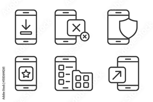 App Management Icons. Line style icons of app management: install app, uninstall app, app update, app permissions. app rating, app