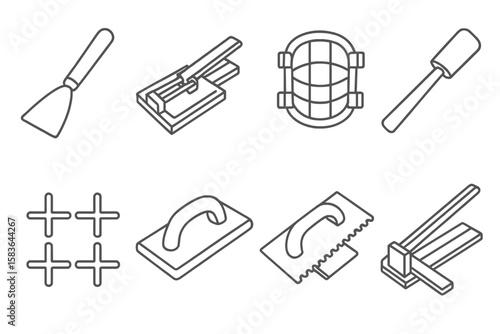 Flooring Tools Icons. Line style icons of flooring tools: floor scraper, tile cutter, knee pads, mallet. tile spacers, grout float