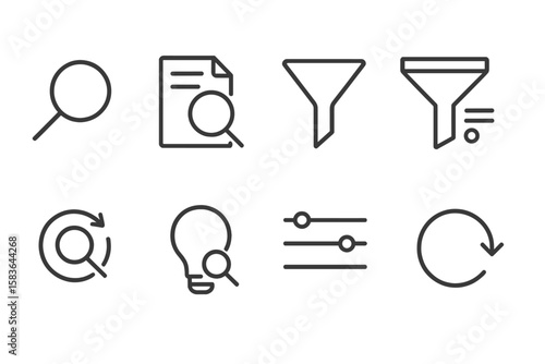 UI Line Icons. Line style icons of search and filter UI: magnifying glass, search result, filter funnel, refine tool. search