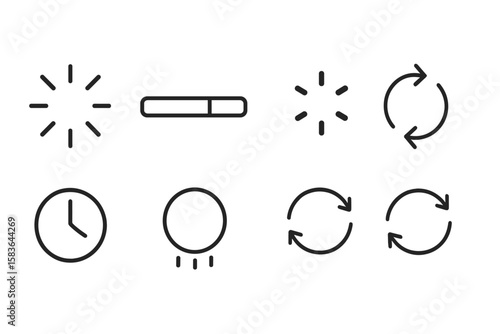 Line Style Loading Icons. Line style icons of loading indicators: spinning circle, loading bar, buffering dots, rotating arrow.
