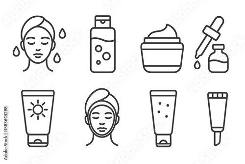 Skincare Routine Icons. Line style icons of skincare routine: face wash, toner bottle, moisturizer jar, serum dropper. sunscreen,