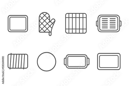 Oven Tool Icons. Line style icons of oven tools: baking sheet, oven glove, cooling rack, broiler pan. roasting rack, pizza stone,