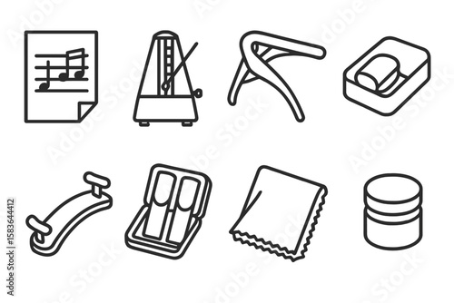 Music Accessories Icons. Line style icons of music accessories: music sheet, metronome, capo, rosin. shoulder rest, reed case,