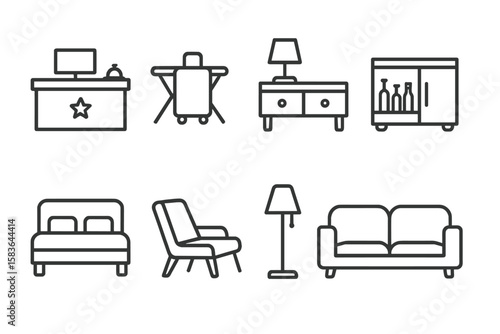 Hotel Furniture Icons. Line style icons of hotel furniture: reception desk, luggage rack, bedside console, minibar unit. hotel bed