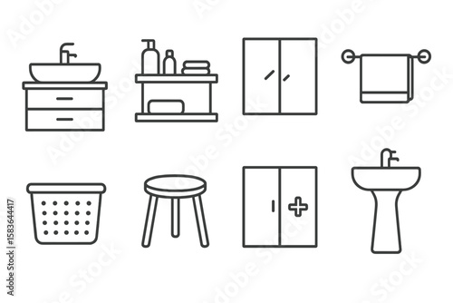 Bathroom Furniture Icons. Line style icons of bathroom furniture: vanity unit, bathroom shelf, mirror cabinet, towel rack. laundry