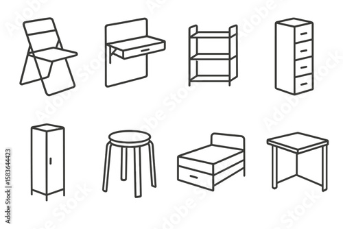 Compact Furniture Icons. Line style icons of compact furniture: foldable chair, wall desk, small shelf, narrow drawer. slim