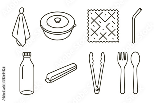 Eco-Friendly Kitchen Icons. Line style icons of reusable kitchen items: cloth towel, silicone lid, beeswax wrap, reusable straw.
