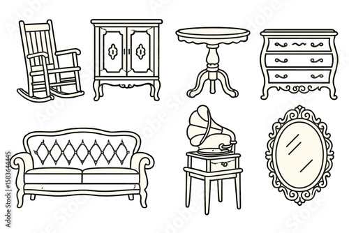 Vintage Furniture Icons. Line style icons of vintage furniture: rocking chair, antique cabinet, clawfoot table, carved dresser.