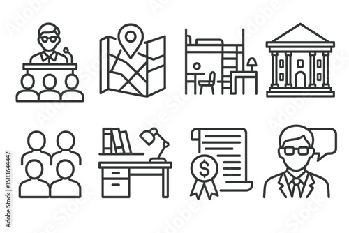 University Life Icons. Line style icons of university life: lecture hall, campus map, dorm room, campus building. student group,