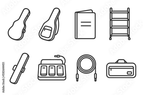 Instrument Storage Icons. Line style icons of instrument storage: instrument case, gig bag, music folder, rack stand. bow case,