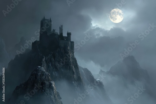 Moody, atmospheric landscape depicting a dark medieval castle atop a craggy mountain