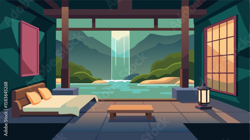 The sound of a nearby waterfall serves as a calming background noise as I tackle my todo list from the comfort of a cozy futon bed in my ryokan room.. Vector illustration