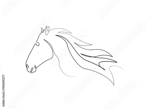 Head horse in single outline illustration. Continuous line art drawing of beautiful horse head.