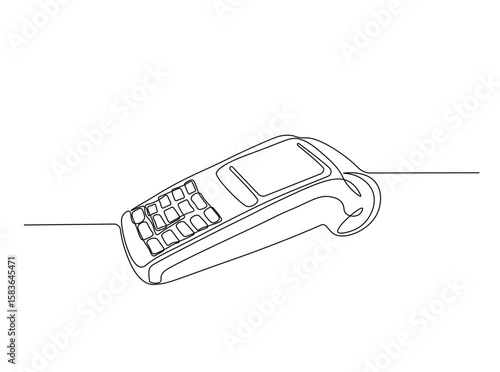 EDC payment device in single outline illustration. Continuous line art drawing of electronic payment device post terminal.
