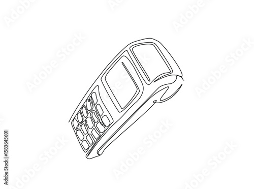 EDC payment device in single outline illustration. Continuous line art drawing of electronic payment device post terminal.