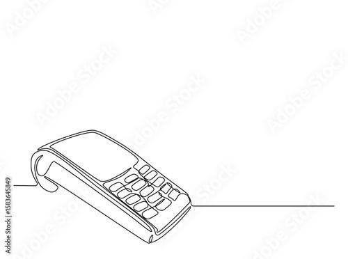 EDC payment device in single outline illustration. Continuous line art drawing of electronic payment device post terminal.