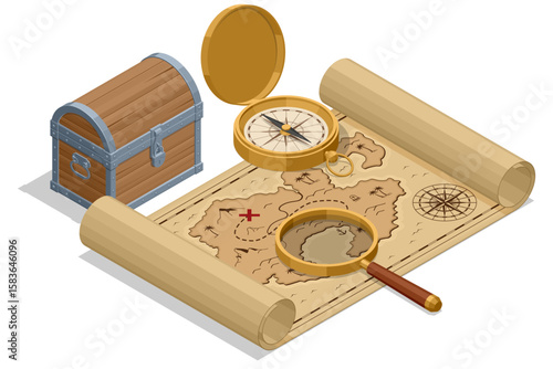 Isometric treasure map. Isometric illustration depicting a pirate treasure scene with an chest overflowing with gold, a map, compass, magnifying glass. Pirate, Sea robber, Marauder, Buccaneer, Corsair