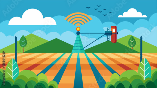An illustration of a farm field with crops irrigated using precision irrigation technology guided by accurate weather predictions.. Vector illustration
