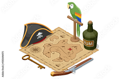 Фотография An Isometric illustration of pirate essentials a treasure map with an X, a pirate hat, an old pistol, a vintage key, a bottle of rum, and a green parrot on a perch