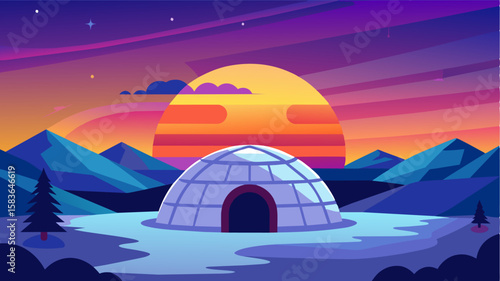 As the sun sets the colorful sky creates a breathtaking view from the igloo providing a moment of relaxation and inspiration during a busy workday.. Vector illustration