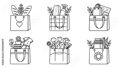 A modern set of shopping bag icons in linear design, displayed in a tight, even grid. Bags feature contents peeking out—like bread, clothes, flowers, books—adding narrative to each symbol while retain