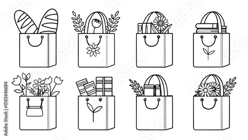 A modern set of shopping bag icons in linear design, displayed in a tight, even grid. Bags feature contents peeking out—like bread, clothes, flowers, books—adding narrative to each symbol while retain