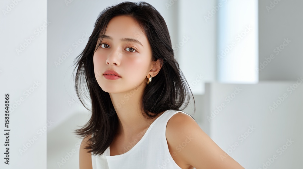 Beautiful young brunette woman model with a radiant smile posing in a studio, showcasing her fashion and happy lifestyle Beautiful young brunette woman model with a radiant smile posing in a studio, showcasing her fashion and happy lifestyle