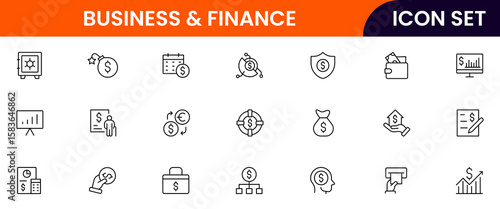 Business and Finance vector web line icon collection, sleek illustrations of budgets, savings, wallets, investments for smart, financial designs.