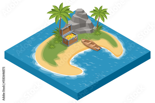Картината върху платно An Isometric scene showing a treasure map unrolled to reveal a lush island with a palm-tree-shaded treasure chest, accompanied by a wooden boat